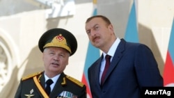 Azerbaijan – Defense Minister Safar Abiyev and President Ilham Aliyev at military parade in Baku to mark 93rd anniversary of Armed Forces, 26Jun2011