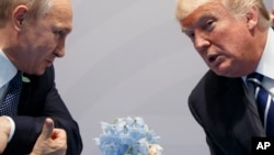Președintele rus Vladimir Putin (stânga) și președintele american Donald Trump (dreapta). 